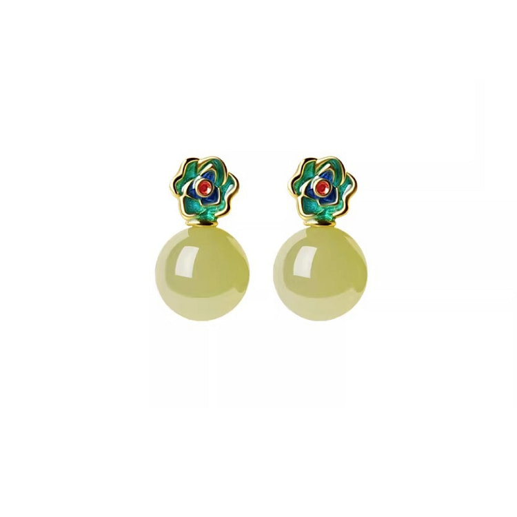 Gong Li Shangxin Hotan Jade Ear Studs Green 14*8mm 1 box