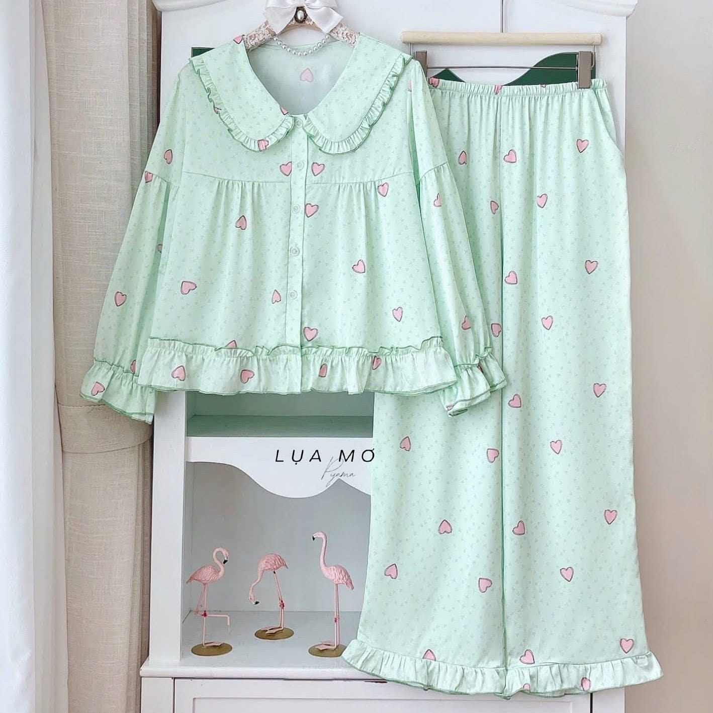 Premium Silk Green Pink Heart Ruffle Trim Pajama 1 count