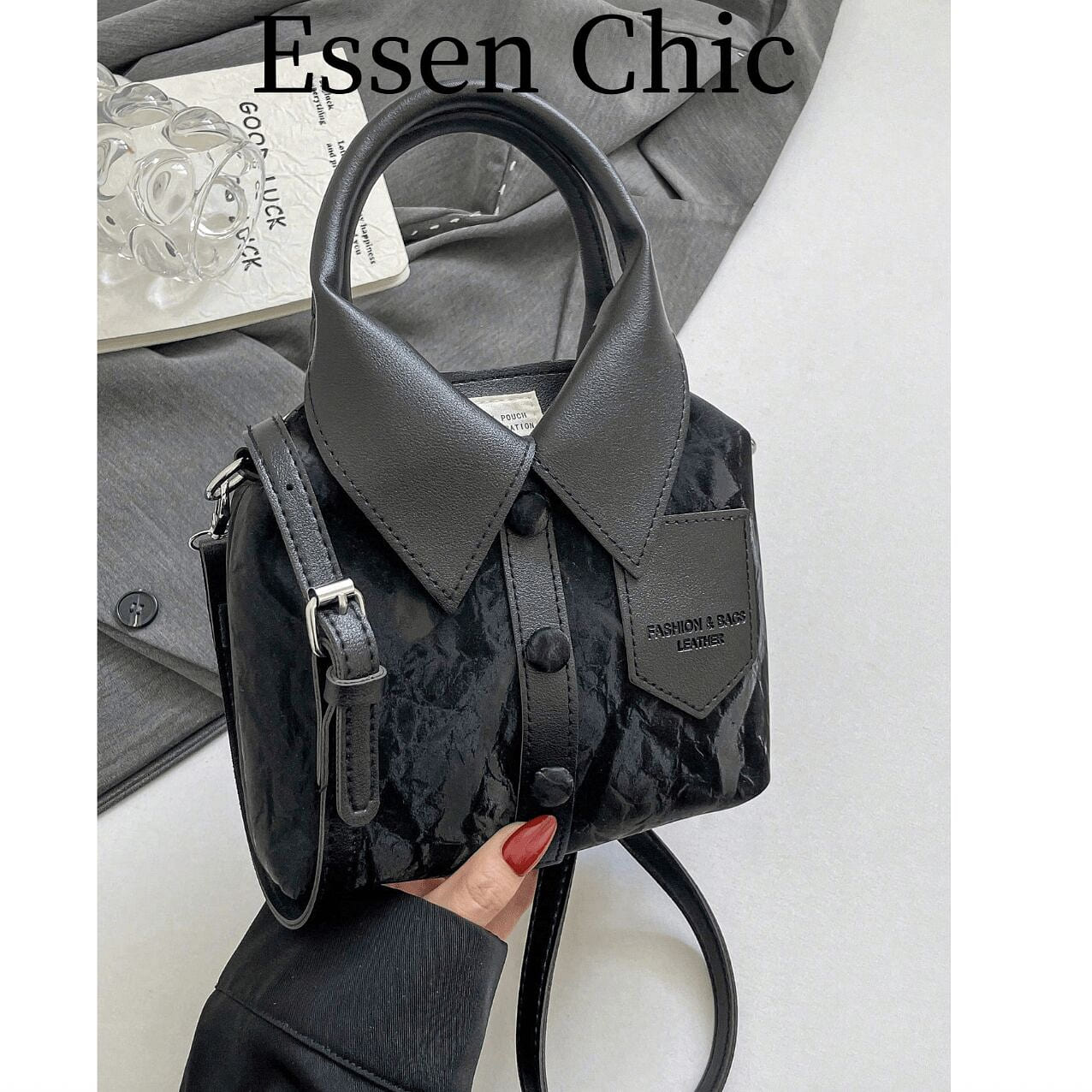 1pc Black Asymmetric PU Leather Handbag, Women’s F 1 case