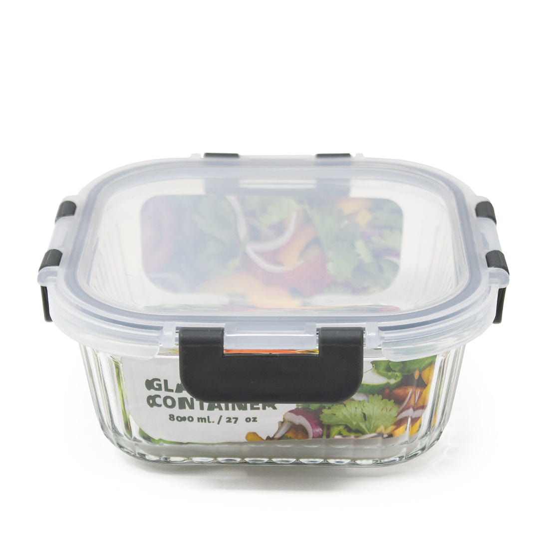 HQ Boroslicate Glass Mixing Bowls / Storage Bowl with Grey / Clear Clip On Lid Heat-Resistant Airtight 27oz Rectangular Bakeware for Kitchens 800 ML 1 each