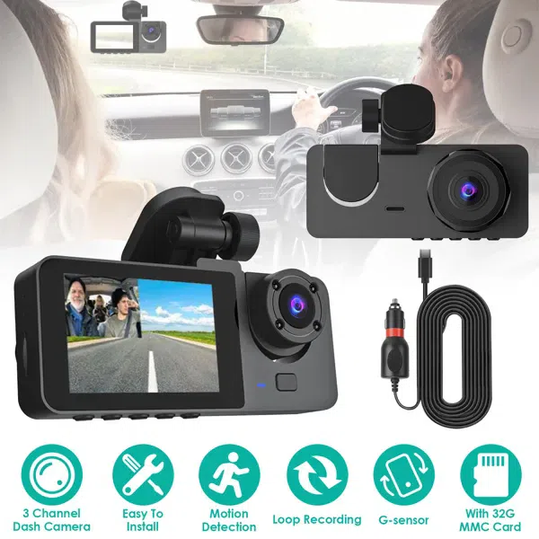 3 Channel Dash Cam Front Inside Rear 1 each