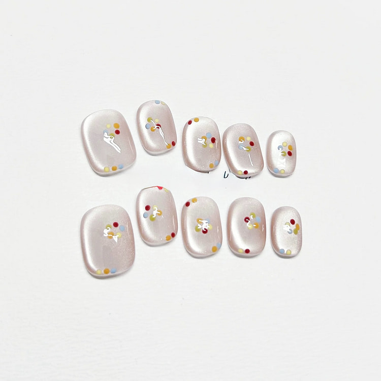 Handmade Soft Pink Cat Eye Polka Short Press Nails 1 count