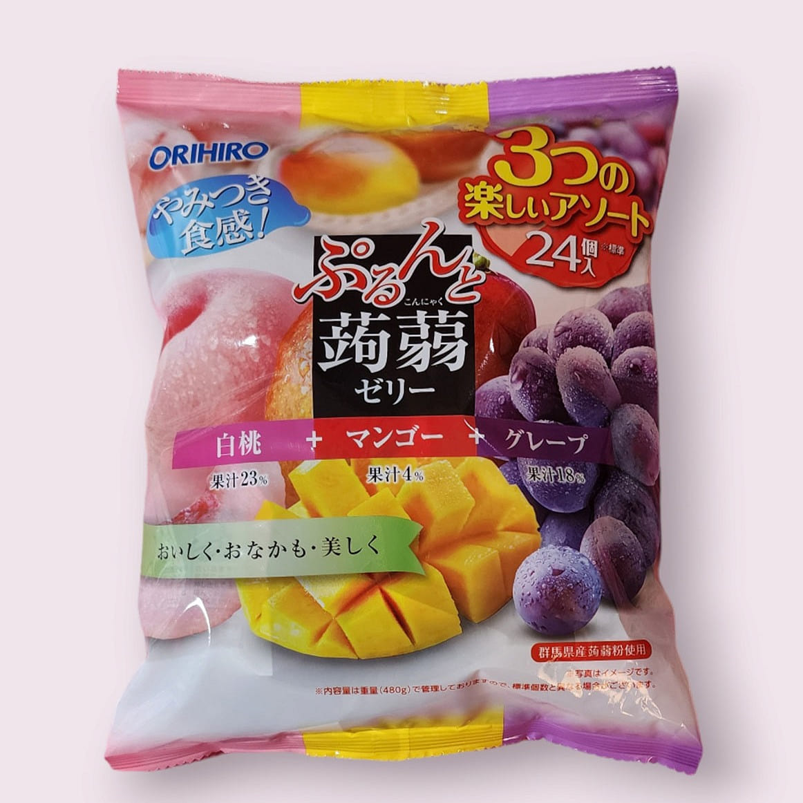 Orihiro Japanese Jelly with 3 Flavors (White Peach + Mango + Grape) (24 Pcs) 480 g