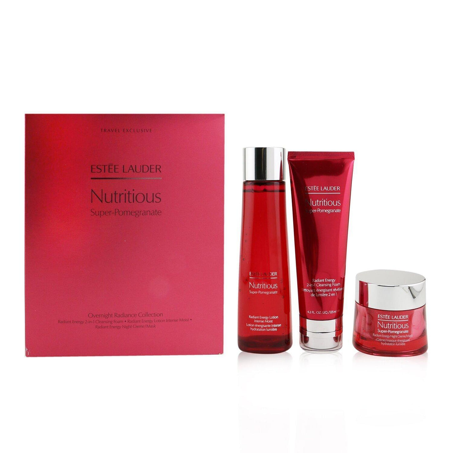 Estee Lauder Nutritious Super-Pomegranate Overnight Radiance Collection: Cleansing Foam ml+Lotion Intense Moist ml+Night Creme ml 3pcs 3 each