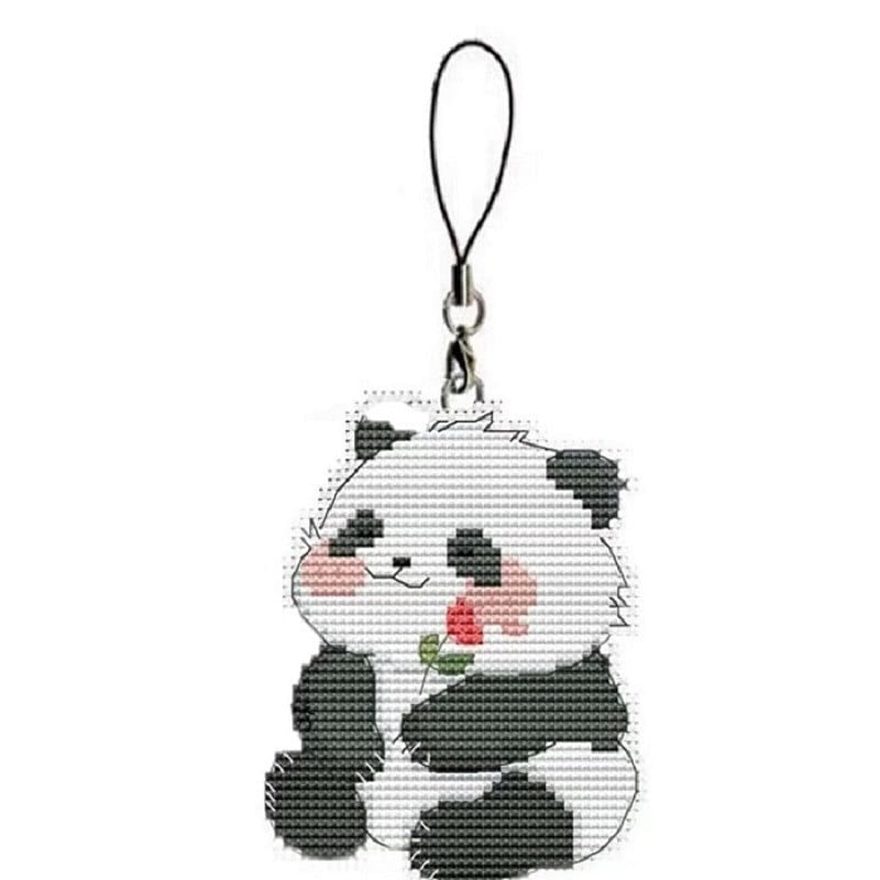 Cross Stitch Material Kit – KeyChain Panda Red Flower 1 each