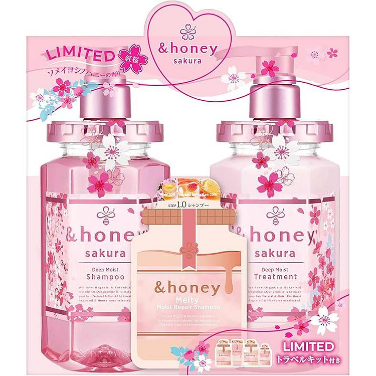 &honey (アンドハニー) ディープモイスト 紅桜 限定ペアセット (4stepトラベルキット付き) | シャンプー・コンディショナーセット