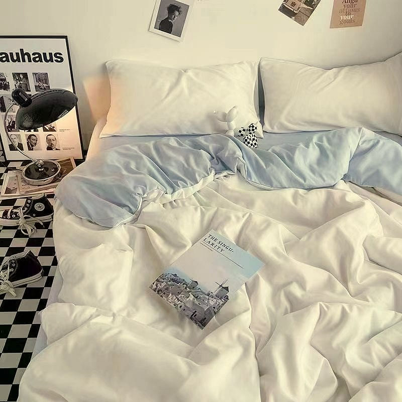 [Milk White Light Blue200*230] INS Bed 4 Piece Duvet Cover + Sheet + Pillow Ca 1 each