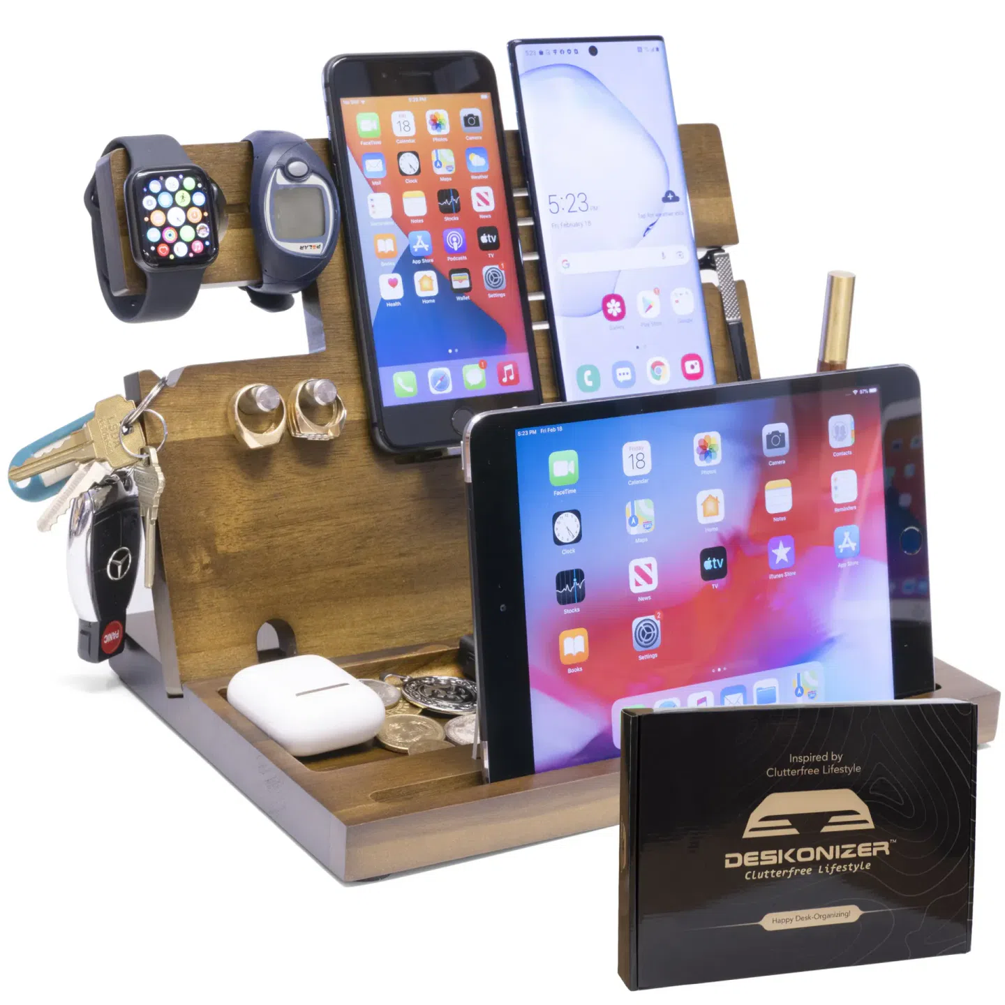 Wooden Phone Docking Station Key Holder Wallet Stand Watch Organizer Men Husband Wife Anniversary Dad Birthday Nightstand Purse Father Graduation Male Idea Gadgets Gift Men Women Father’s Day 1 each