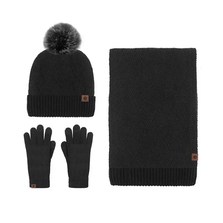 Womens Ladies Thick Knit Hat Scarf AND Touchscreen gloves Set Knitted Winte