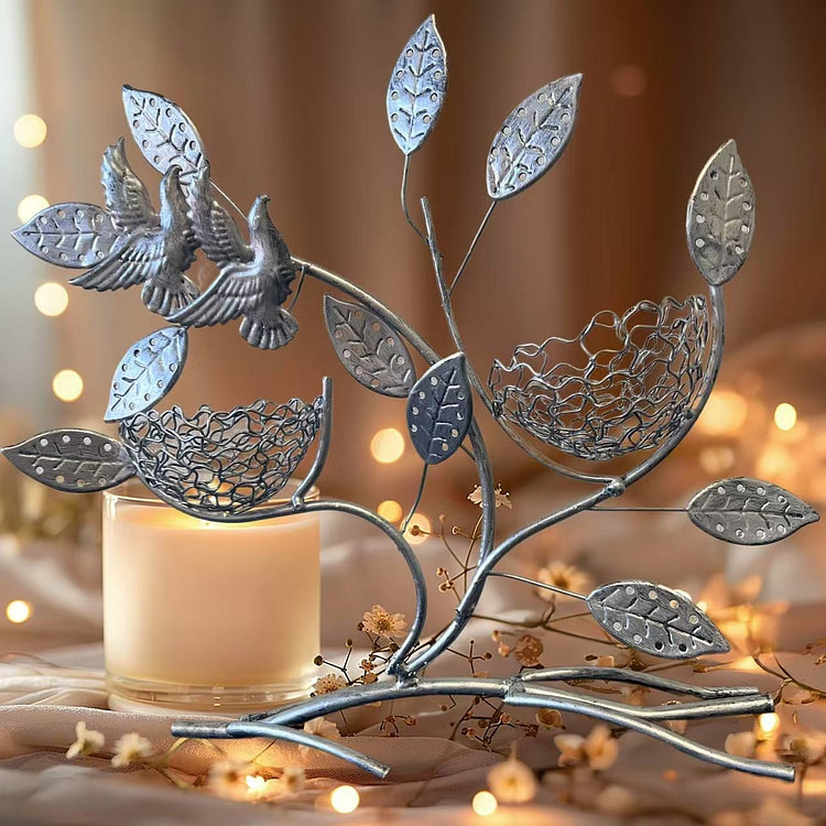 sliver metal jewelry tree w/loving bird nest pairs