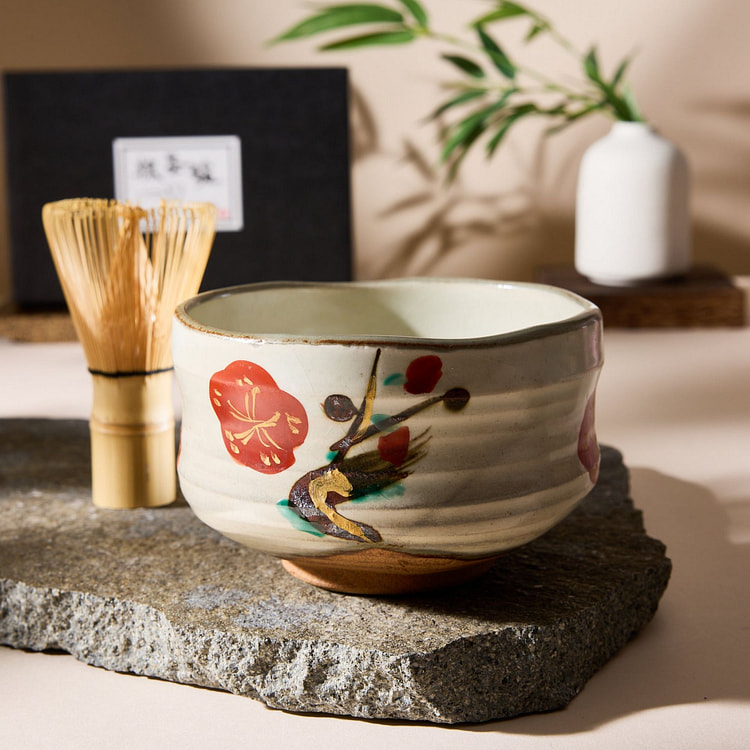 小引式红梅抹茶碗和茶筅套装