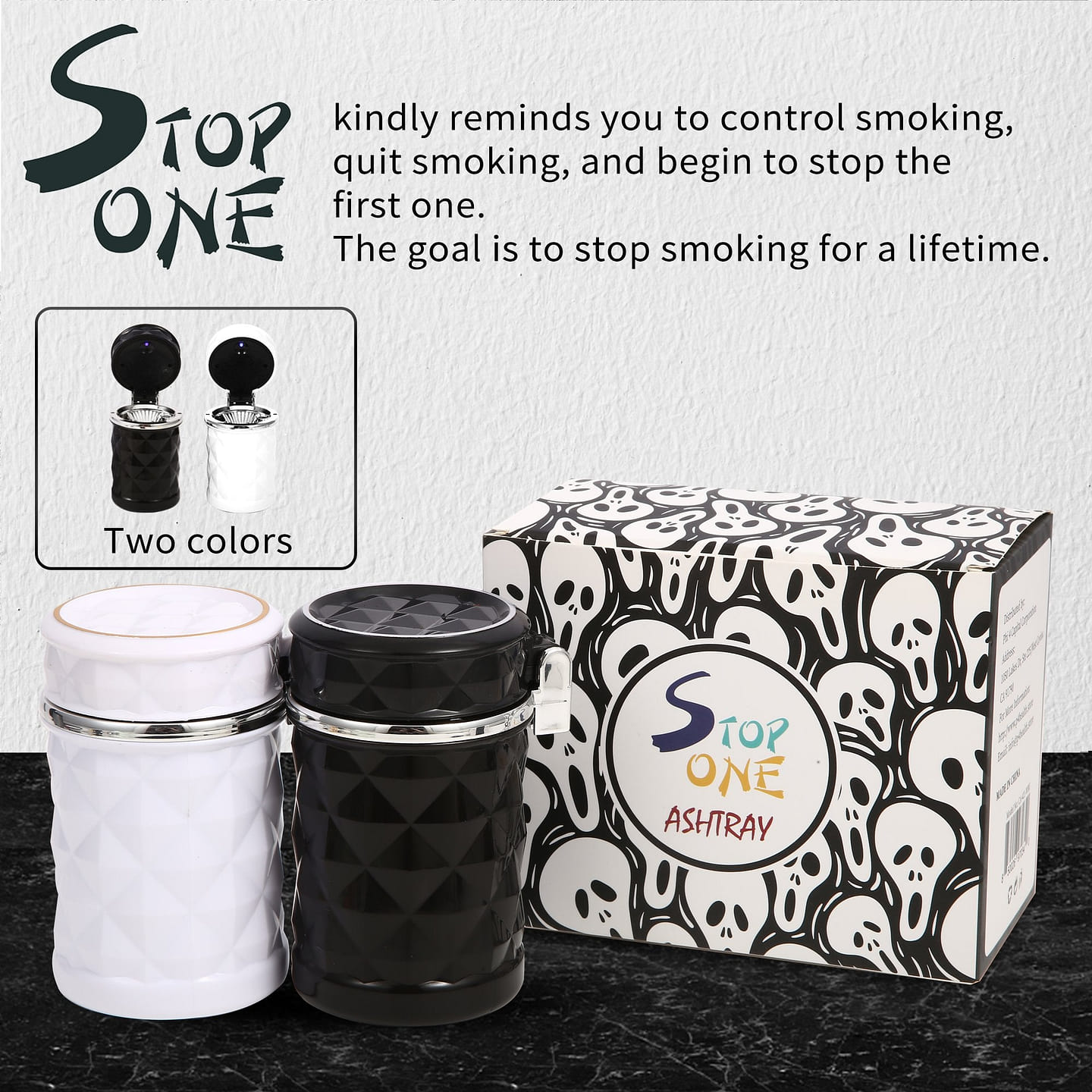 STOP ONE Car Ashtray, Portable Ashtray, CA-421 Auto Ash Tray [Pack of 2] Black & White Kit 1 each