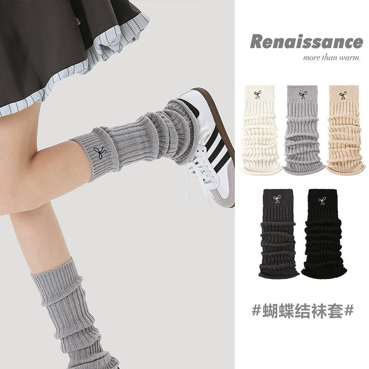 Renaissance袜子女堆堆袜秋冬袜套蝴蝶结刺绣显瘦中筒袜jk小腿袜