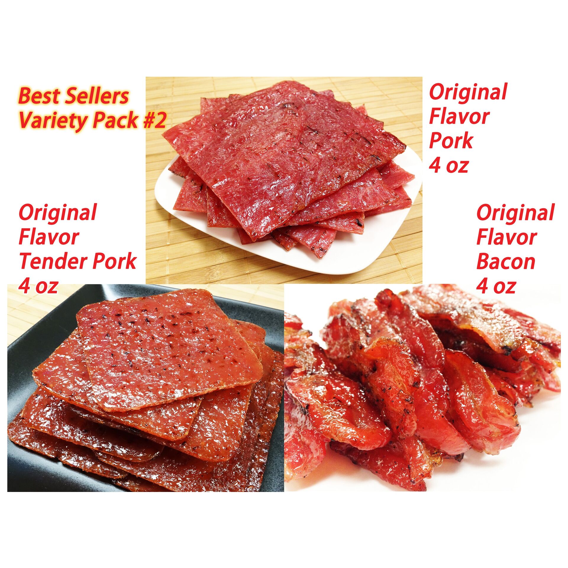 Get Pork Jerky (orig. pork 4oz./orig. tender pork 4oz./orig bacon 4oz