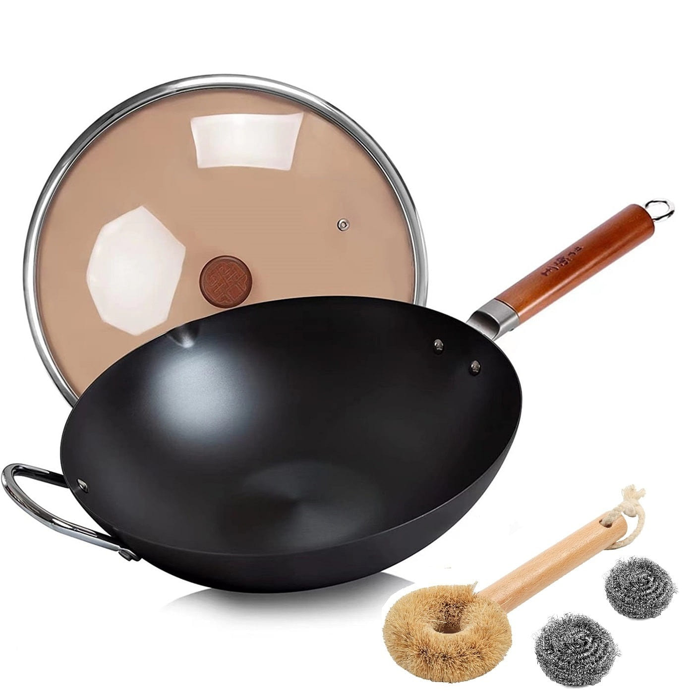 34CM WANGYUANJI Carbon Steel Wok Flat Bottom + Set 1 count