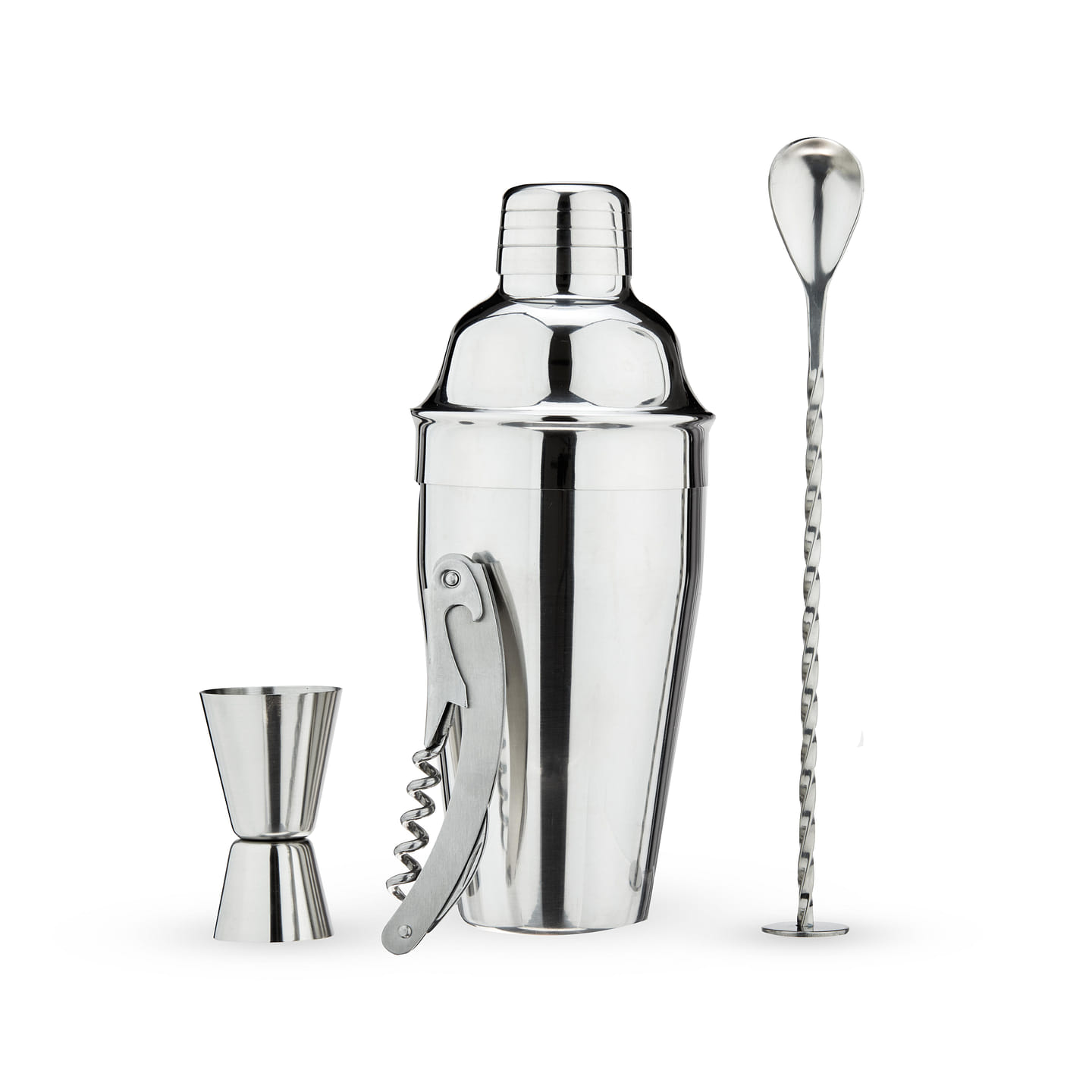 True 4-Piece Barware Set Cobbler Shaker with Cap and Strainer, Double Jigger, Muddler Bar Spoon, Corkscrew, Cocktail Kit, Stainless Steel, Set of 4, Silver 1 each