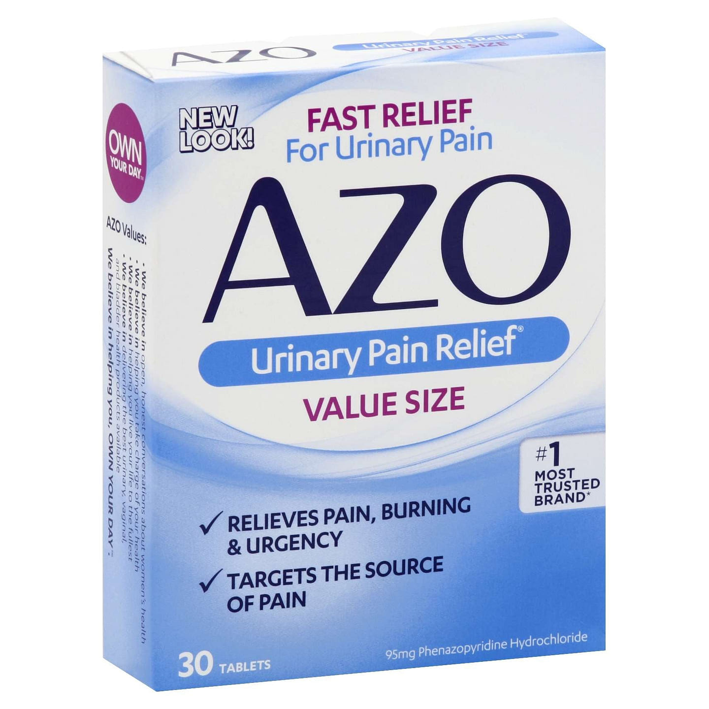 AZO Urinary Pain Relief 95mg 30 Tablets Value Size 1 box
