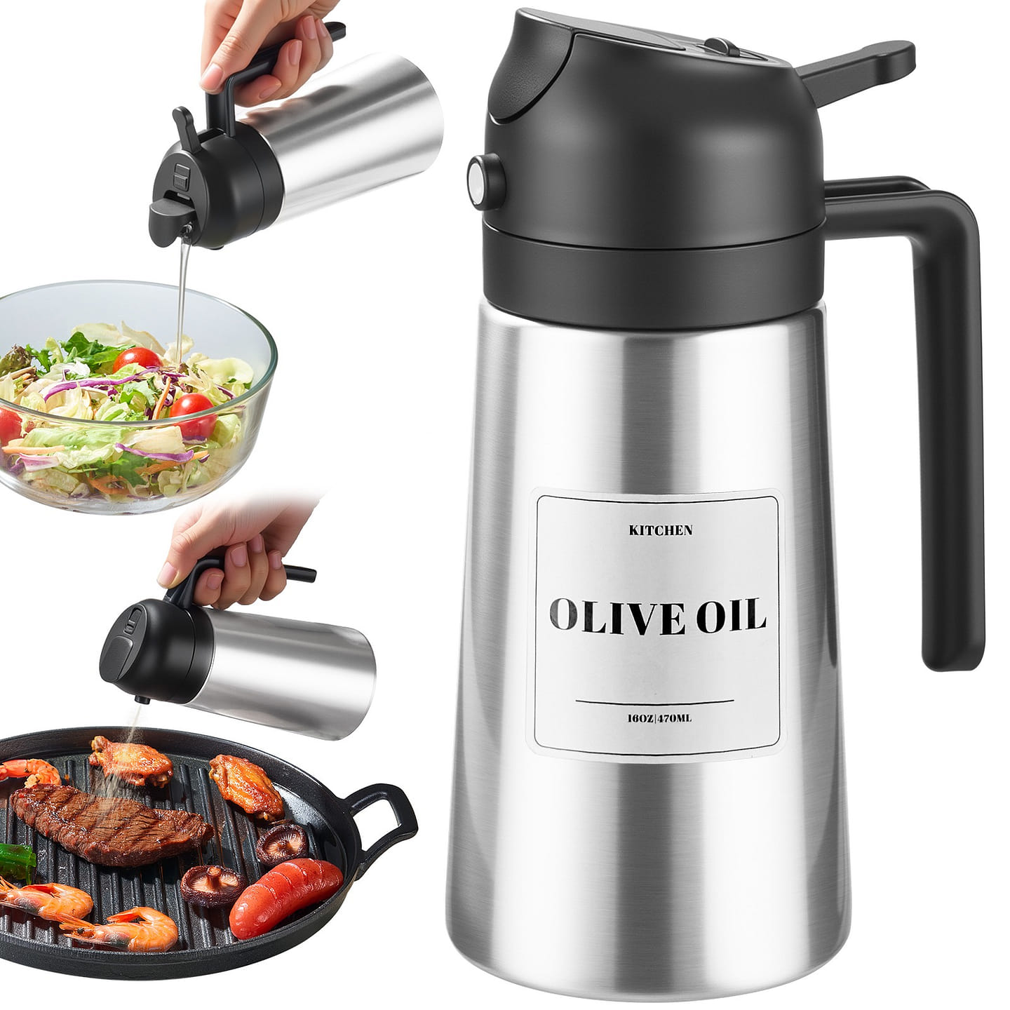 2 in 1 Oil Dipenser Bottle Stainless Steel (Black) 1 count