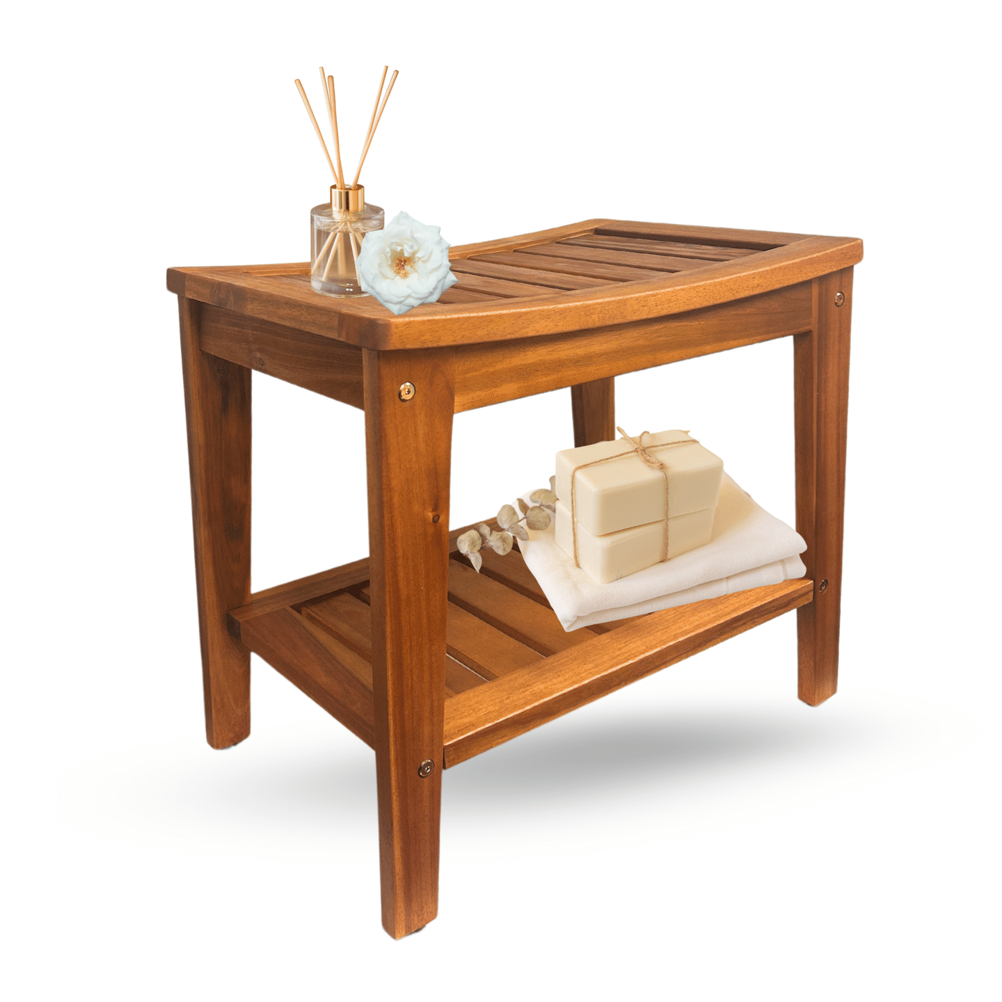 Teak Shower Bench with Shelf 21 Inch, Bath Seat Straight-leg 1 count