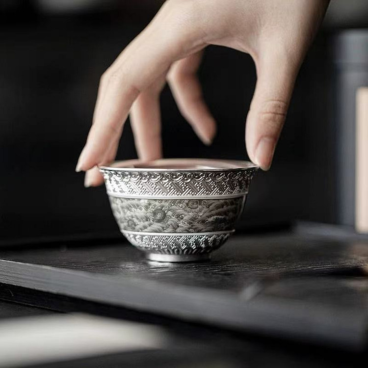 中式纯银鎏银海浪主人杯个人专用陶瓷茶杯品茗杯高端礼
