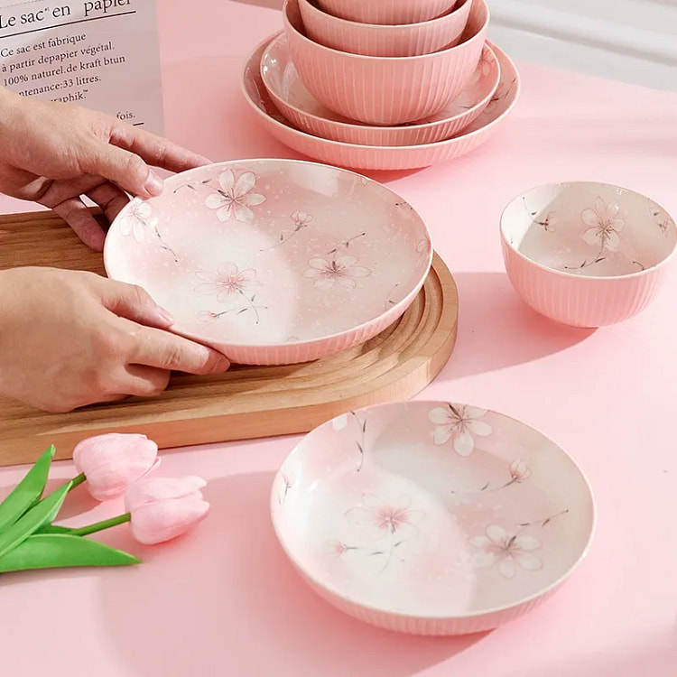Japanese style pink cherry blossom ceramic plate