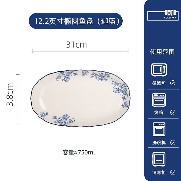 Ceramic Plate 12.2-Inch Long Oval Fish Plate