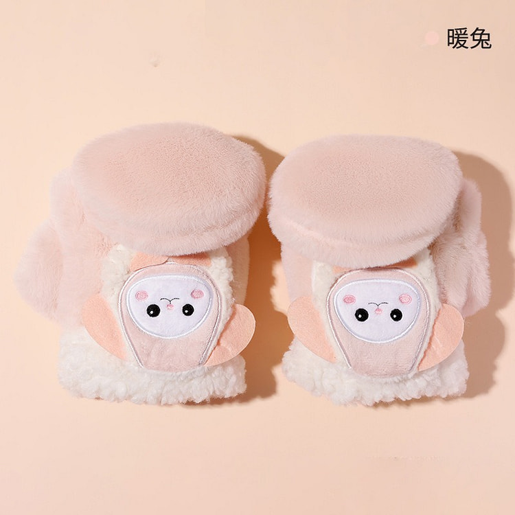 发热手套usb充电式冬季新款女士骑行智能卡通暖手宝保暖神器礼物  暖兔粉白（办公半指款）