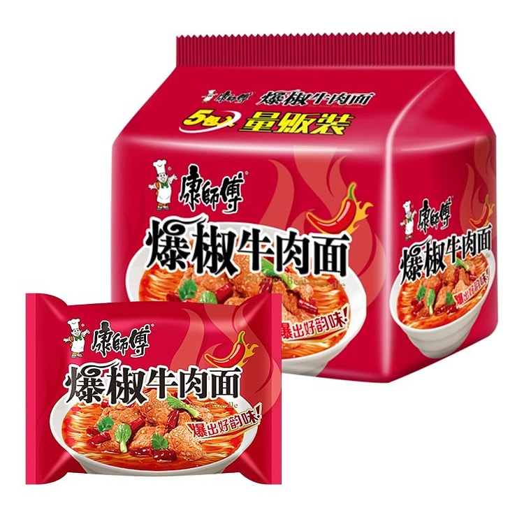 康师傅爆椒牛肉面5连包袋装方便面泡面530g