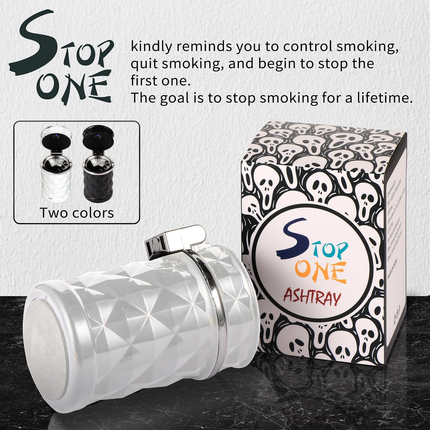 STOP ONE Car Ashtray, Portable Ashtray, CA-421 Auto Ash Tray with Lid and Led, White White 1 each