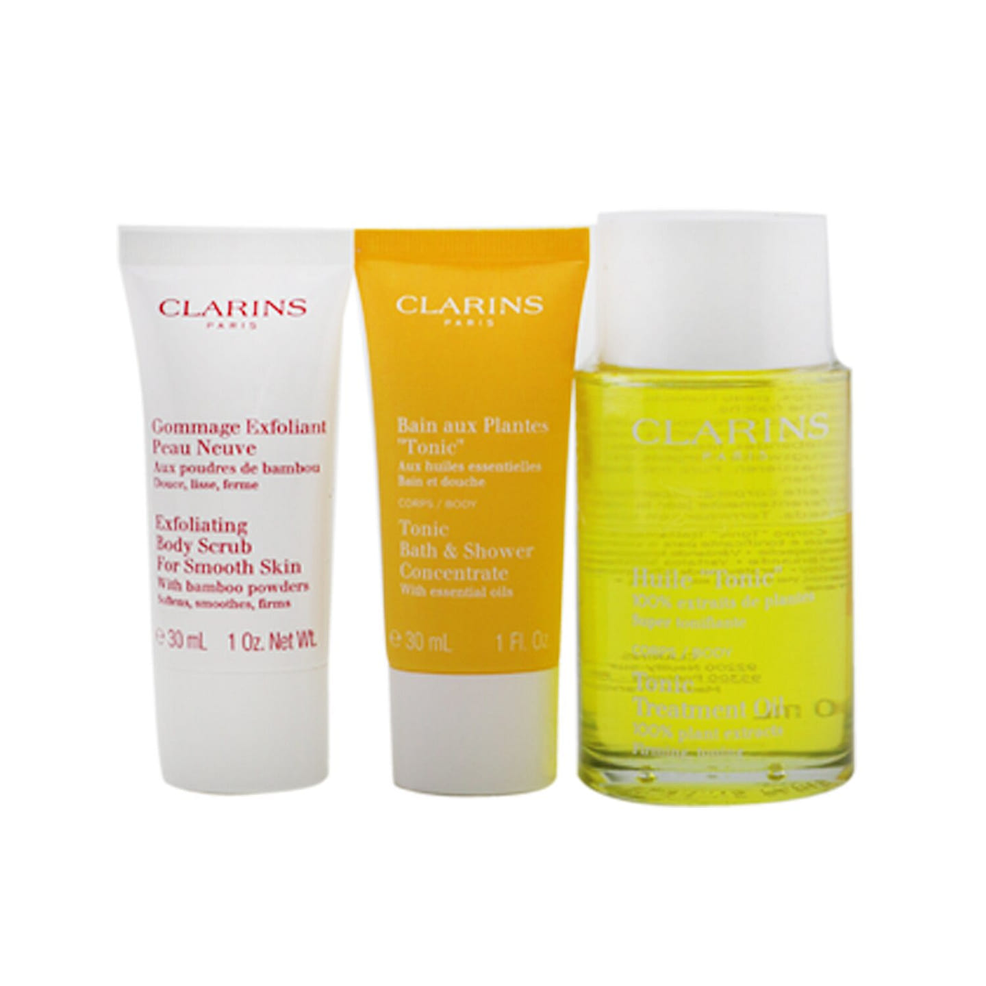 Clarins Tonic Collection: Tonic Body Treatment Oil 100ml+ Exfoliating Body Scrub 30ml+ Tonic Bath & Shower Concentrate 30ml+ Bag 3pcs+1bag 3 g