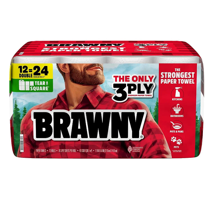 Brawny 3 Ply Paper Towels, 12 Double Rolls, 24 Reg 1 box