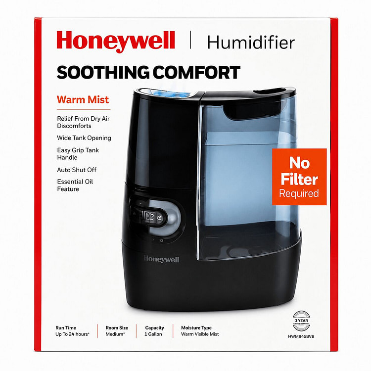 Honeywell HWM845B Warm Mist Humidifier Black 1-Gal 200 pack
