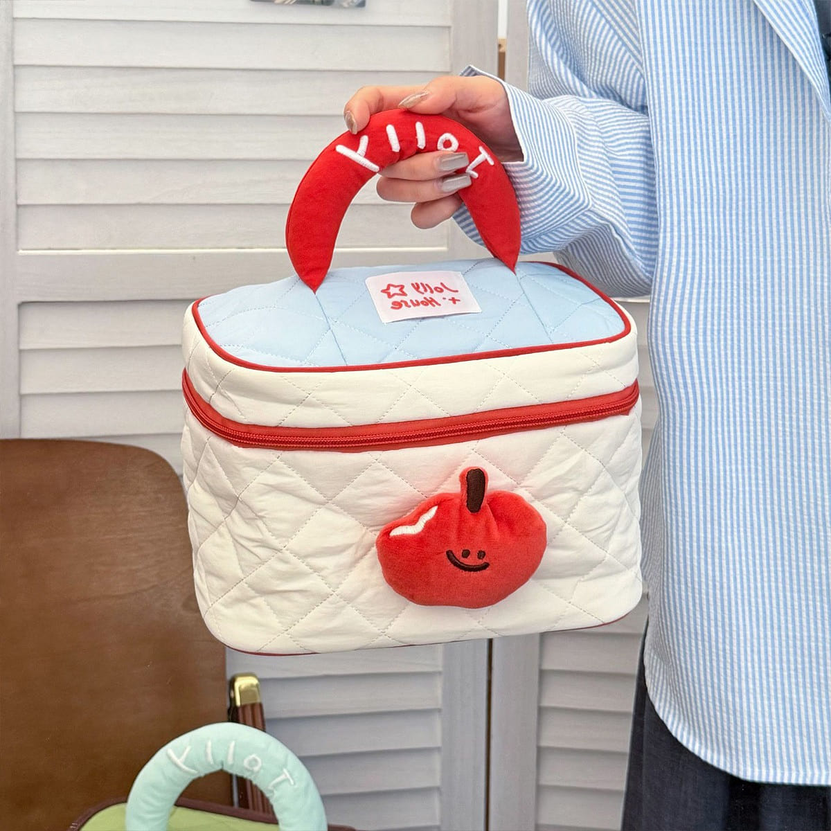 Cartoon makeup Storage bag Apple blue white 1 each