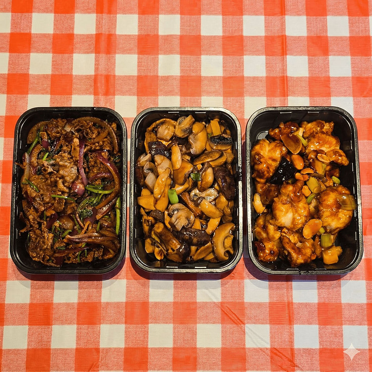 超值三菜套餐孜然牛肉+宫保虾球+松露油炒三种蘑菇 1 份