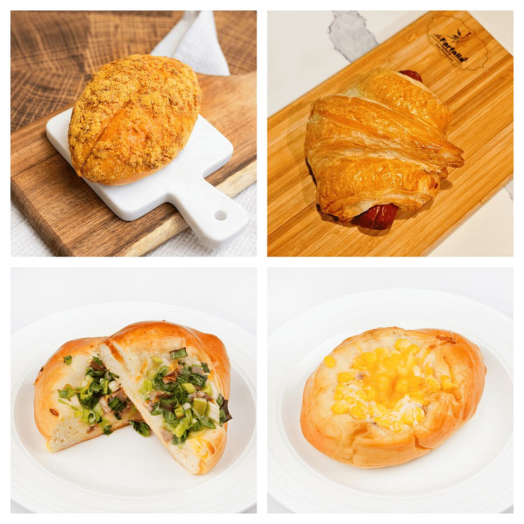 面包组合（牛角热狗，香葱火腿，火腿玉米，肉松包） 1 份