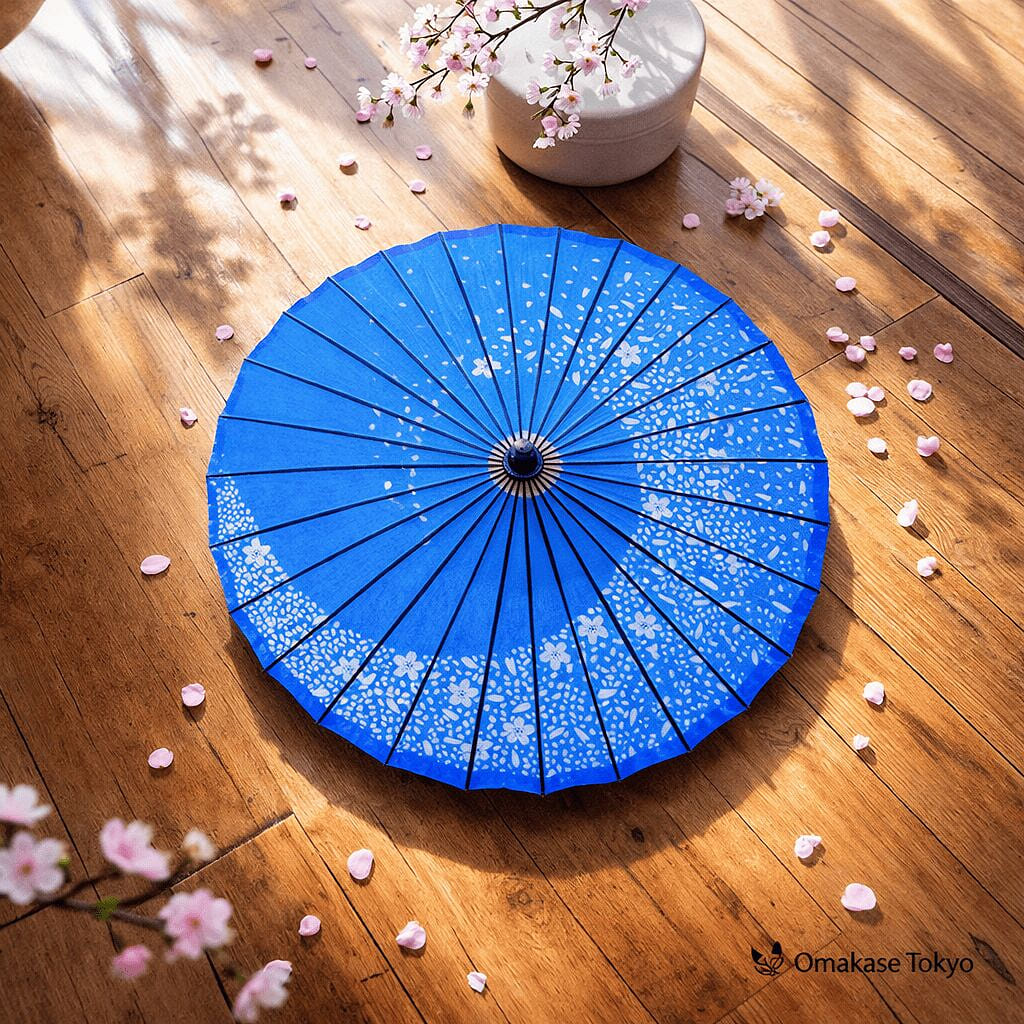 Japanese Paper Umbrella Blue Cherry Blossom Swirl 680 g