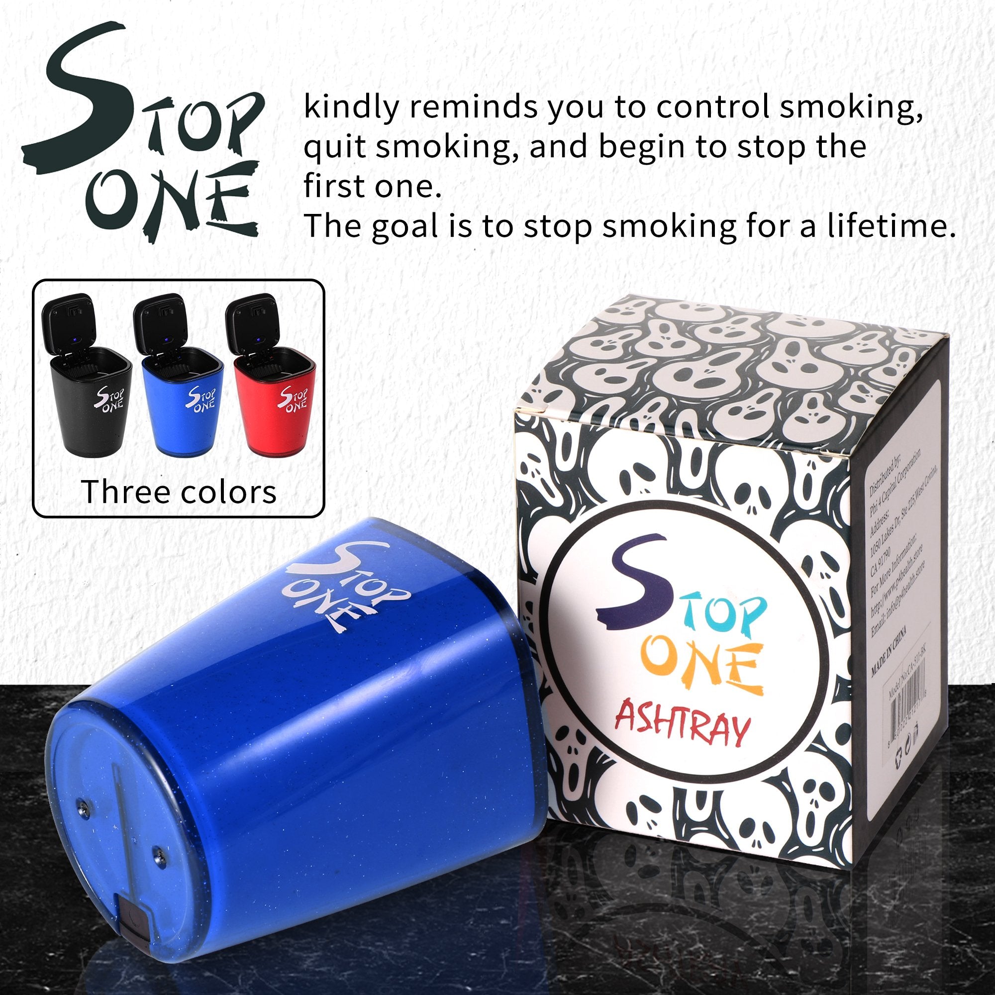 STOP ONE Car Ashtray, Portable Ashtray, CA-521 Auto Ash Tray with Lid and Led, Blue Blue 1 phần