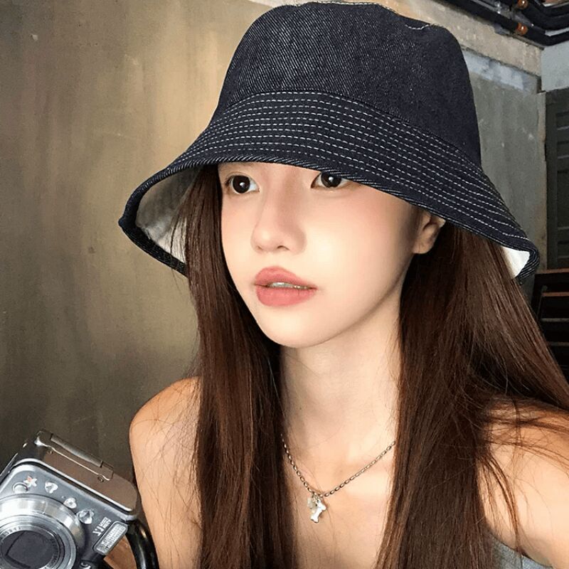 Get Japanese-style retro reversible denim bucket hat f 1 each