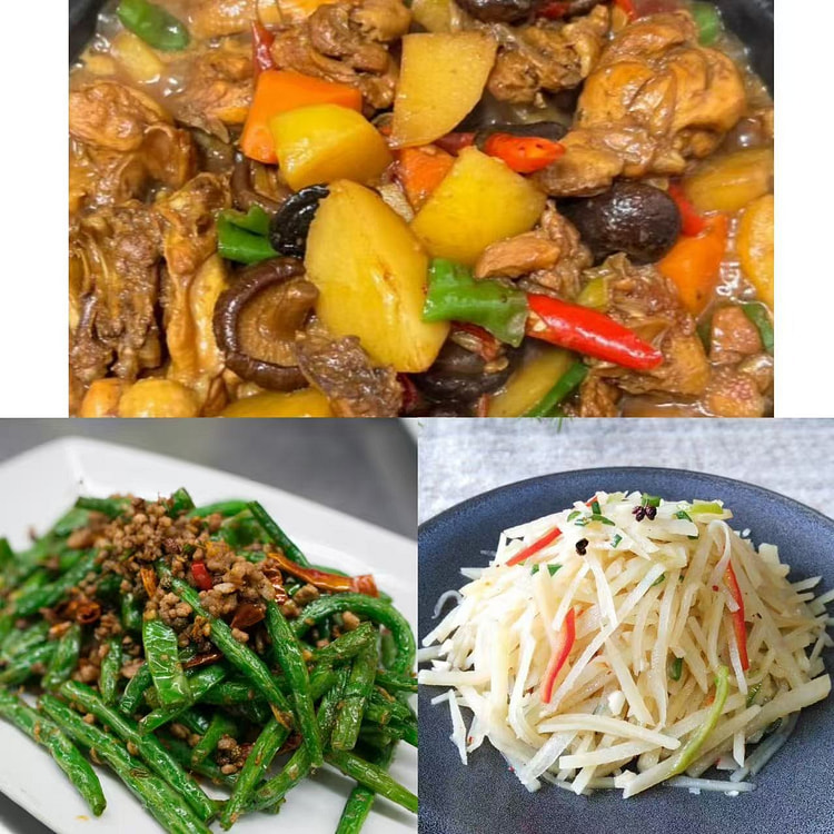 东北家常三拼 黄焖鸡+干煸四季豆+炝拌土豆丝 1 份