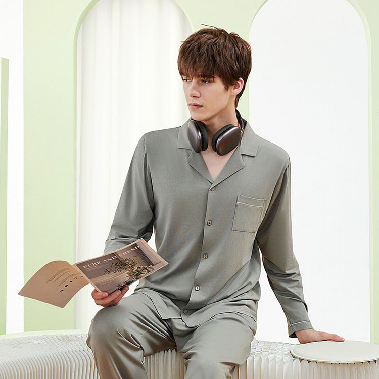 LULLABUY 兰精天丝纯色睡衣套装男士家居服 L码 灰湖绿