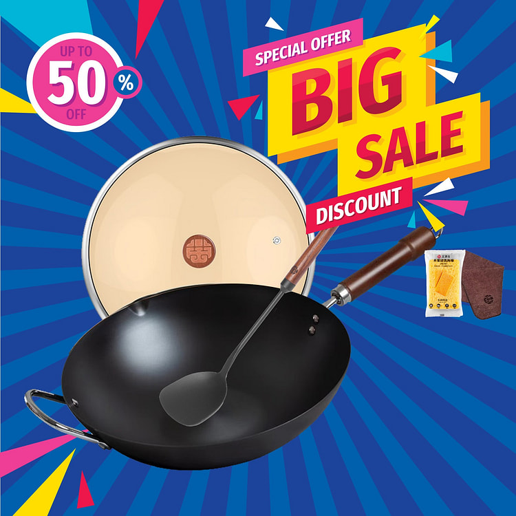 WANGYUANJI 34cm Chinese Carbon Steel Iron Wok+Spatula, Flat Bottom