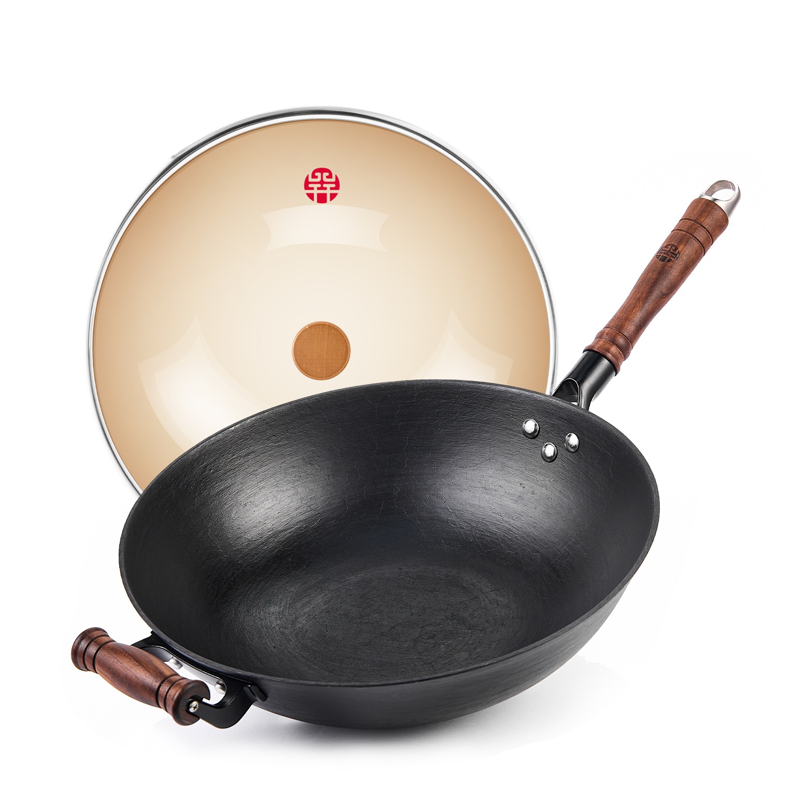 WANGYUANJI 32cm Handmade Cast Iron Wok+Spatula Nonstick Flat