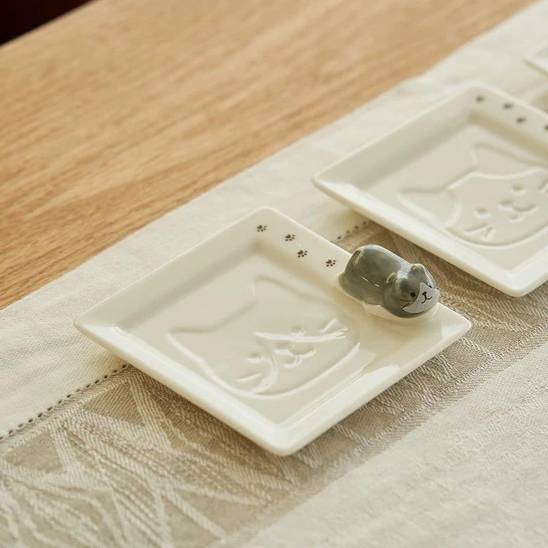 Japanese Cute 3D Cat Saucer Dish Sushi Dessert Plates Grey 1 each