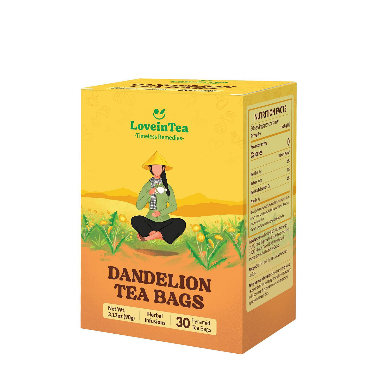 LoveinTea Dandelion Herbal Tea Plant-based Bags 30 count