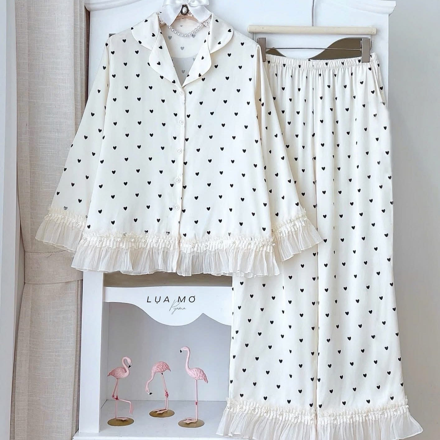 Premium Silk Black Heart Chiffon Pearl Pajama Set 1 count