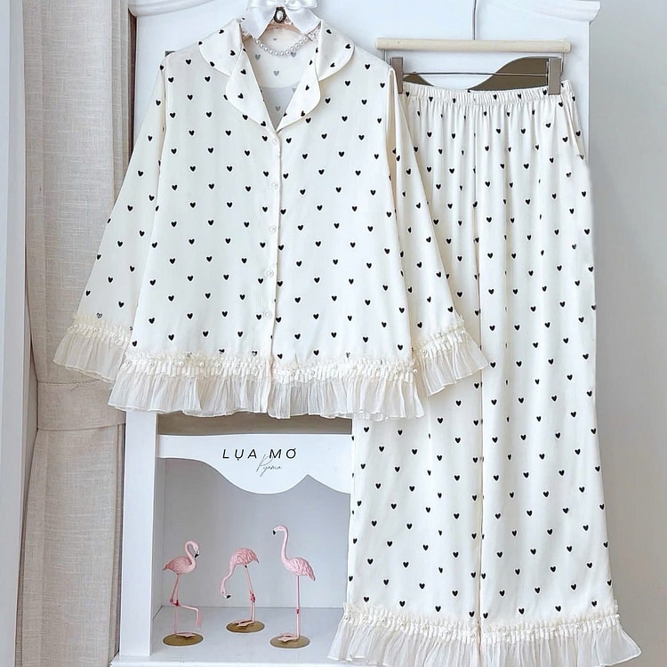 Premium Silk Black Heart Chiffon Pearl Pajama Set 1 count