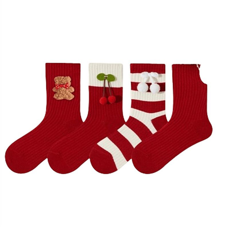 可爱袜子 本命年大红袜子 4色各一双 1 包