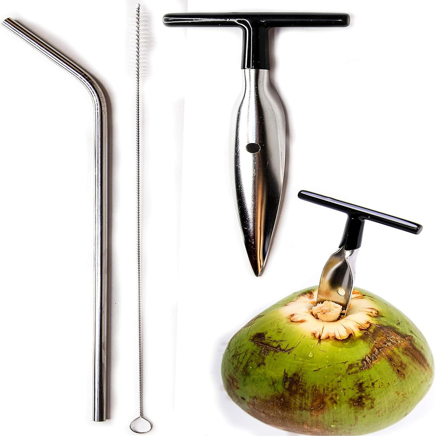 Coconut Opener Tool + Stainless Straw for Fresh GREEN Young Fruit Black Rubber 1 each