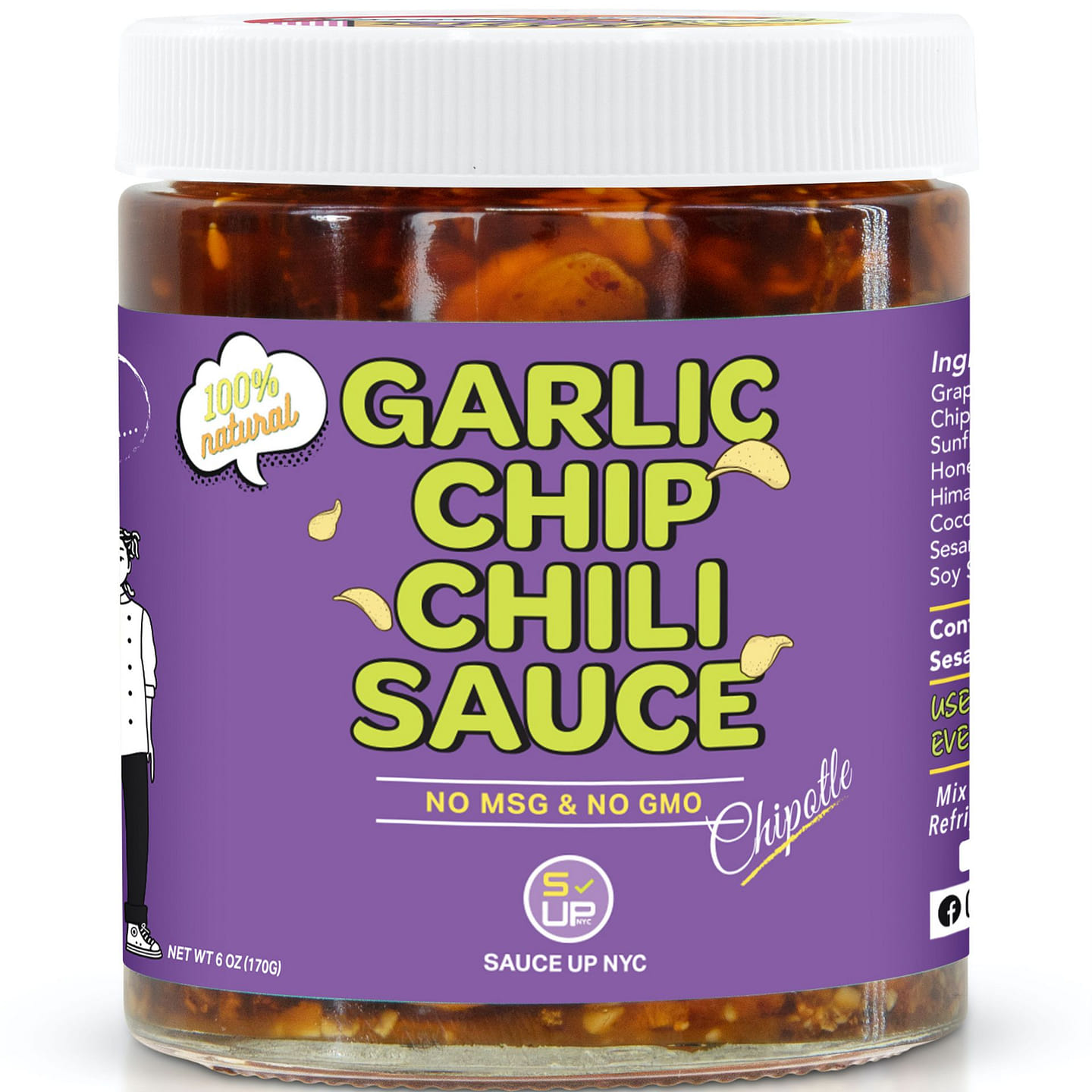 SAUCE UP NYC 100% NATURAL GARLIC CHIP CHILI SAUCE - TOPPING/OIL (CHIPOTLE) 6 oz