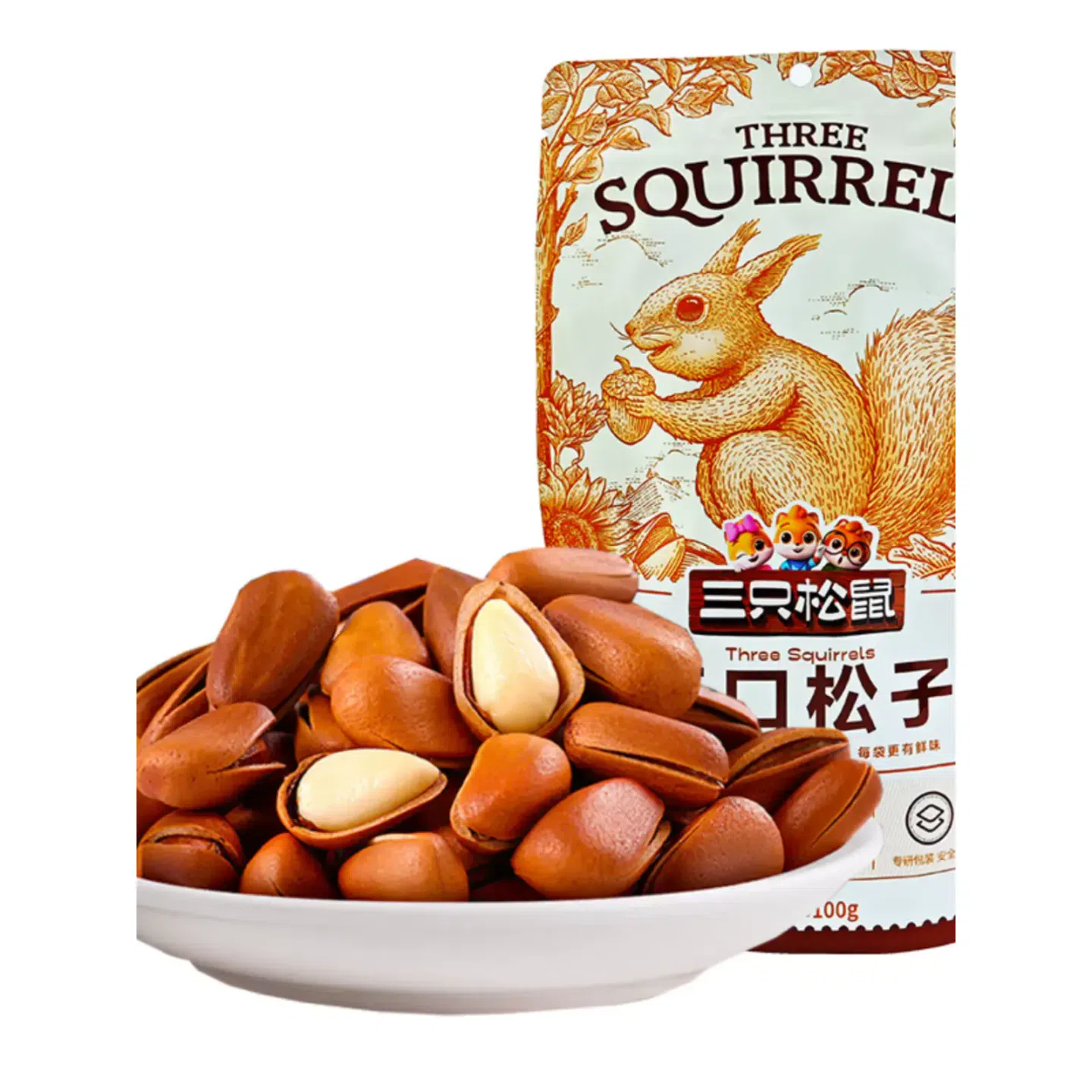 Three squirrels peel 1 bag of pine nuts with their 100 g